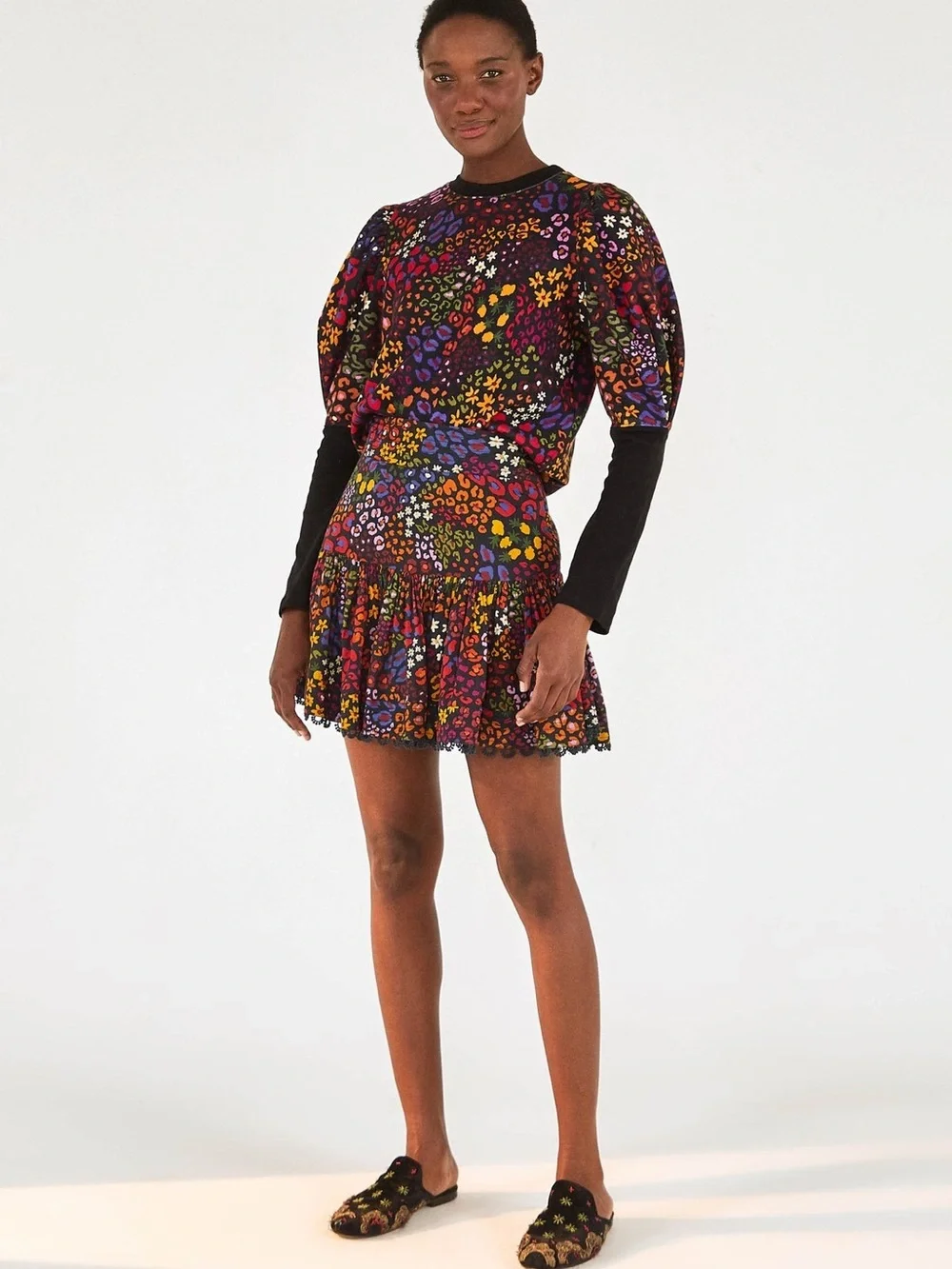 FARM Rio Multicolor Leopard-Print Puff-Sleeve Sweatshirt with Black Trim
